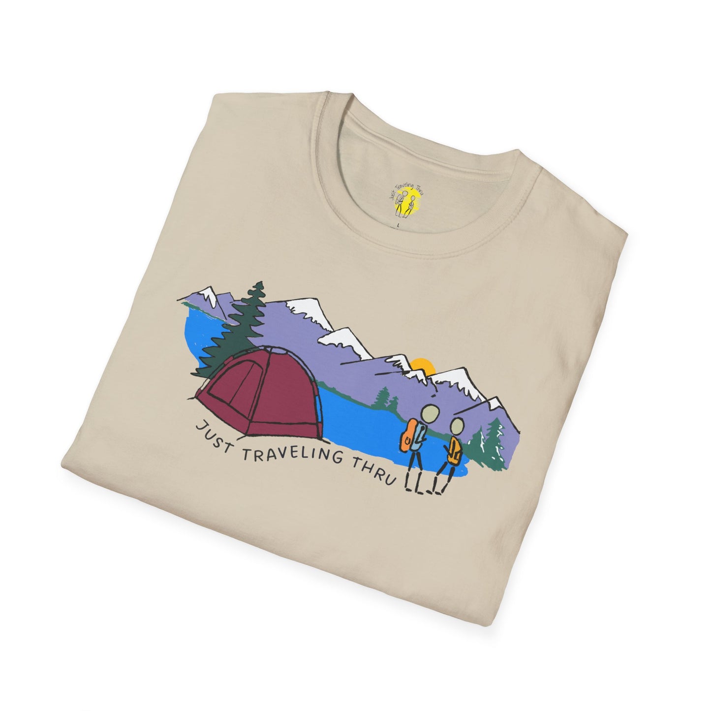 ποΈπ« "Camping Adventure Awaits: Just Traveling Thru Mountain Escape Softstyle Tee" πποΈ