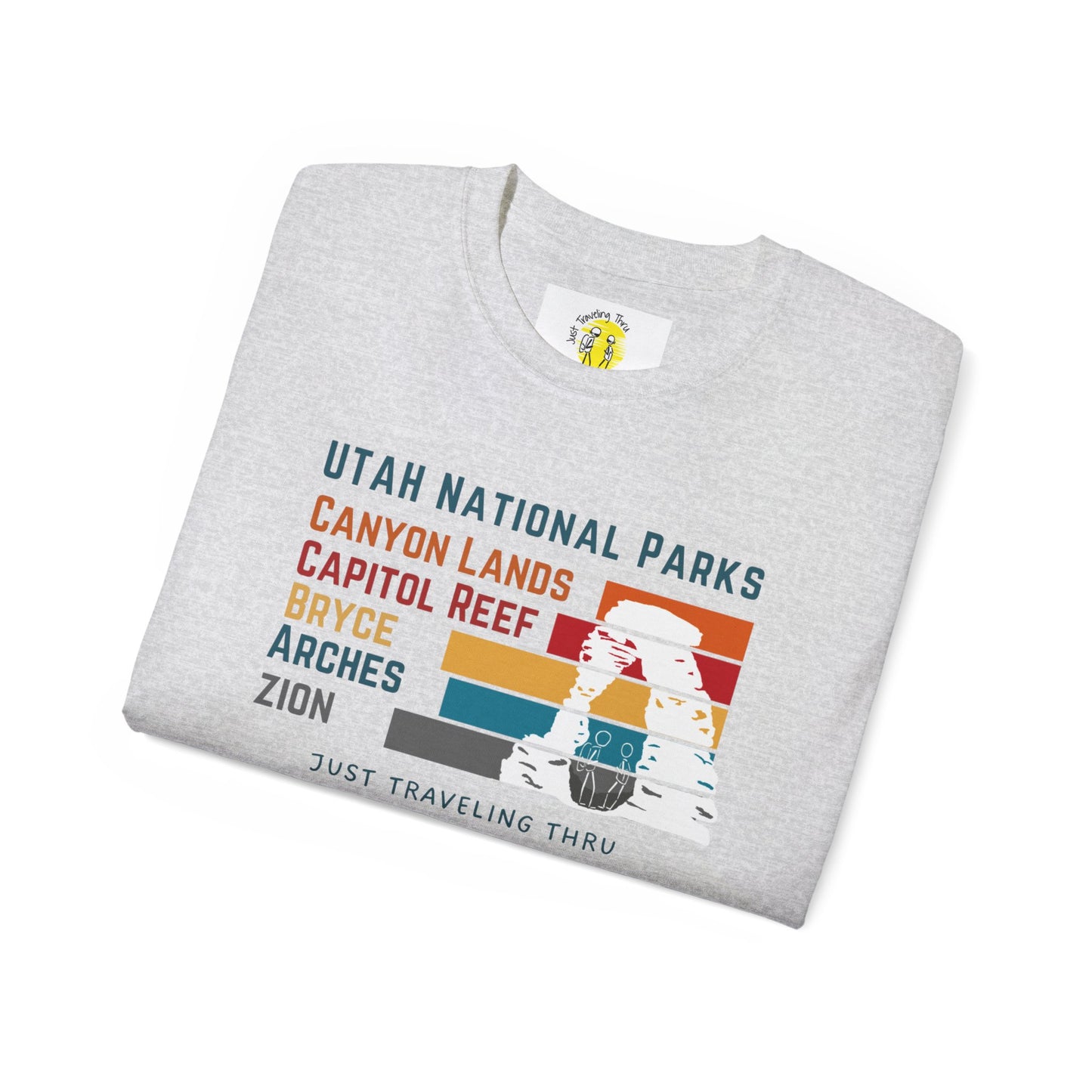 ποΈποΈ "Utah National Parks Adventure Tee: Arches, Zion, Canyonlands, Bryce Canyon, Capitol Reef - Just Traveling Thru" πβοΈ