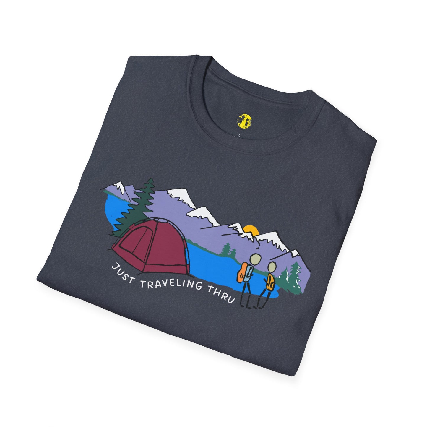 ποΈπ« "Camping Adventure Awaits: Just Traveling Thru Mountain Escape Softstyle Tee" πποΈ