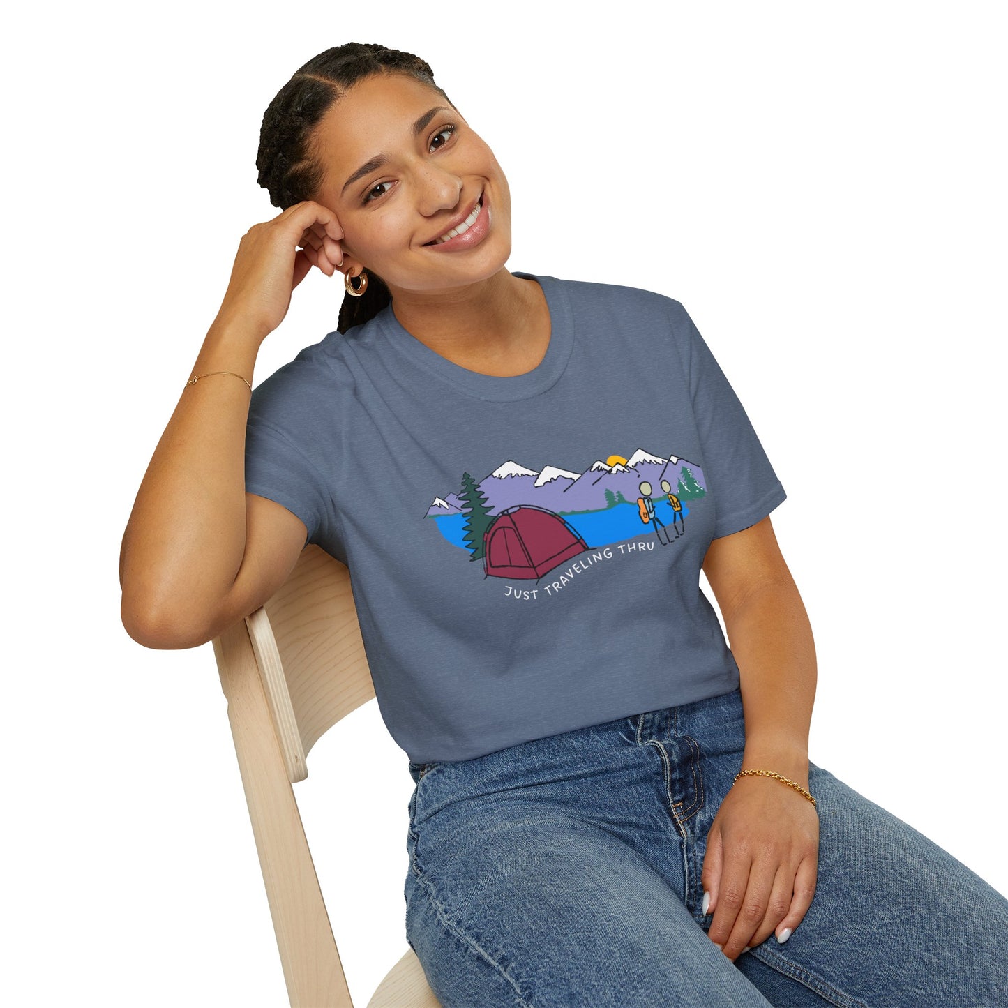 ποΈπ« "Camping Adventure Awaits: Just Traveling Thru Mountain Escape Softstyle Tee" πποΈ