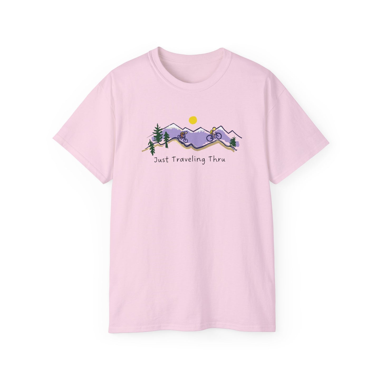 π΅ββοΈπ΅ββοΈ "Mountain Biking Bliss: Just Traveling Thru Adventure Tee" π²βοΈ