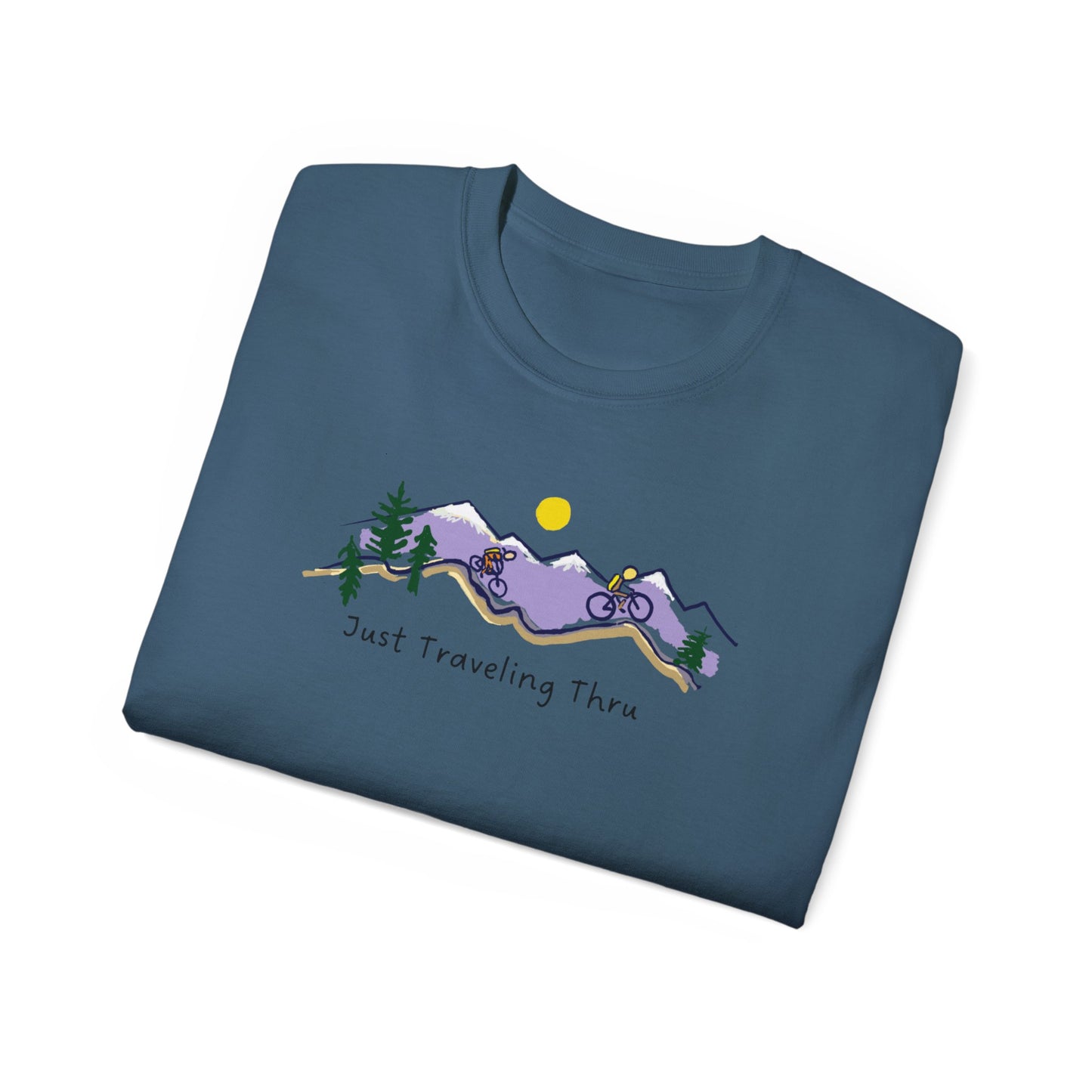π΅ββοΈπ΅ββοΈ "Mountain Biking Bliss: Just Traveling Thru Adventure Tee" π²βοΈ