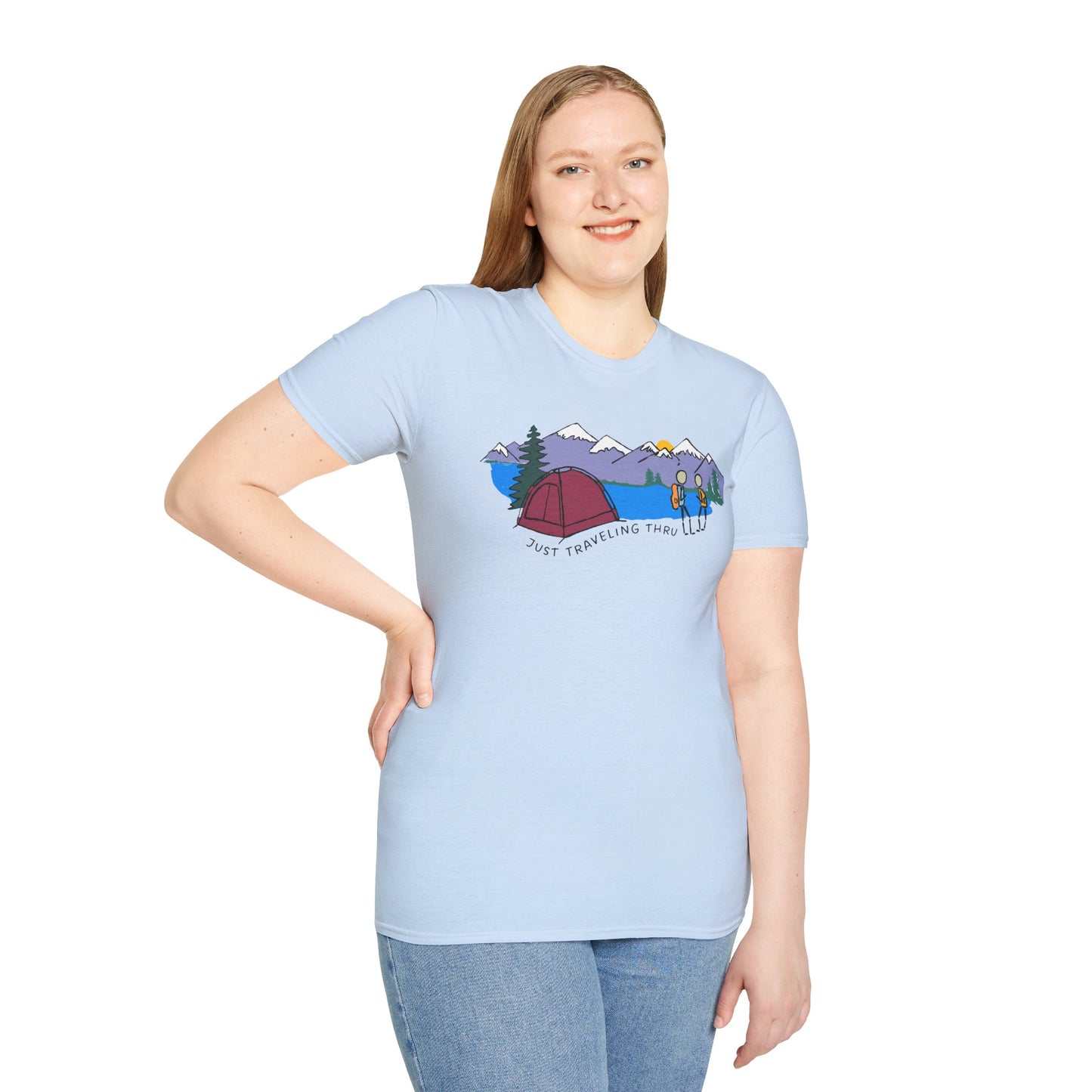 ποΈπ« "Camping Adventure Awaits: Just Traveling Thru Mountain Escape Softstyle Tee" πποΈ
