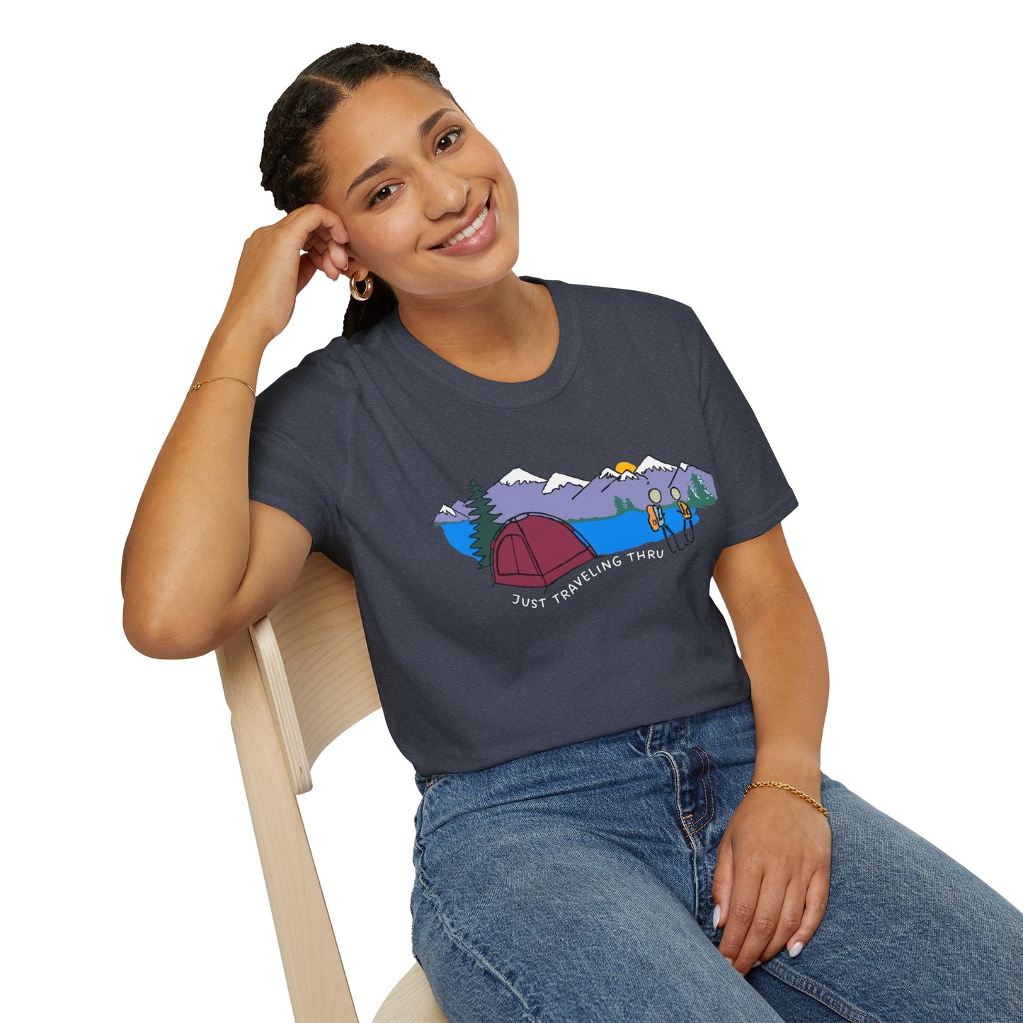 ποΈπ« "Camping Adventure Awaits: Just Traveling Thru Mountain Escape Softstyle Tee" πποΈ