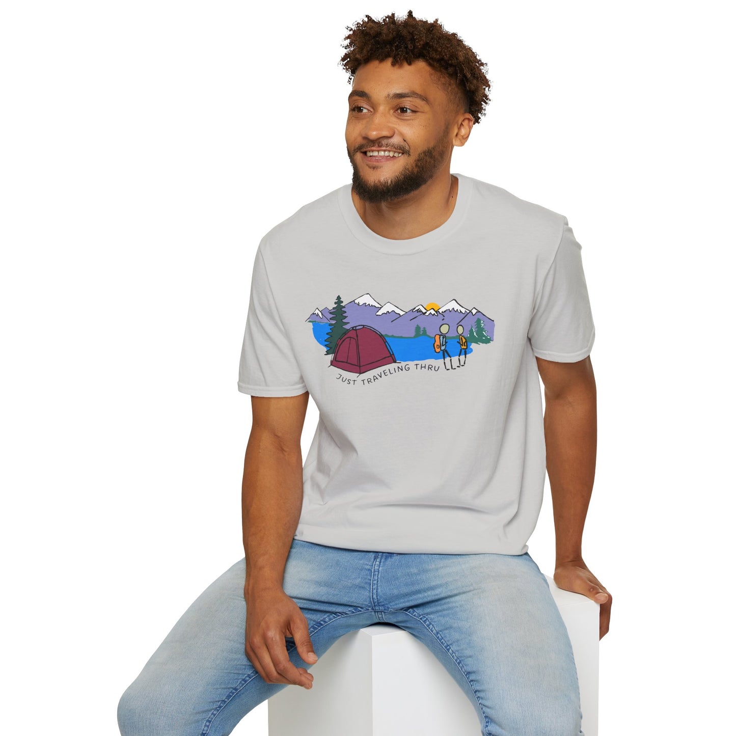 ποΈπ« "Camping Adventure Awaits: Just Traveling Thru Mountain Escape Softstyle Tee" πποΈ