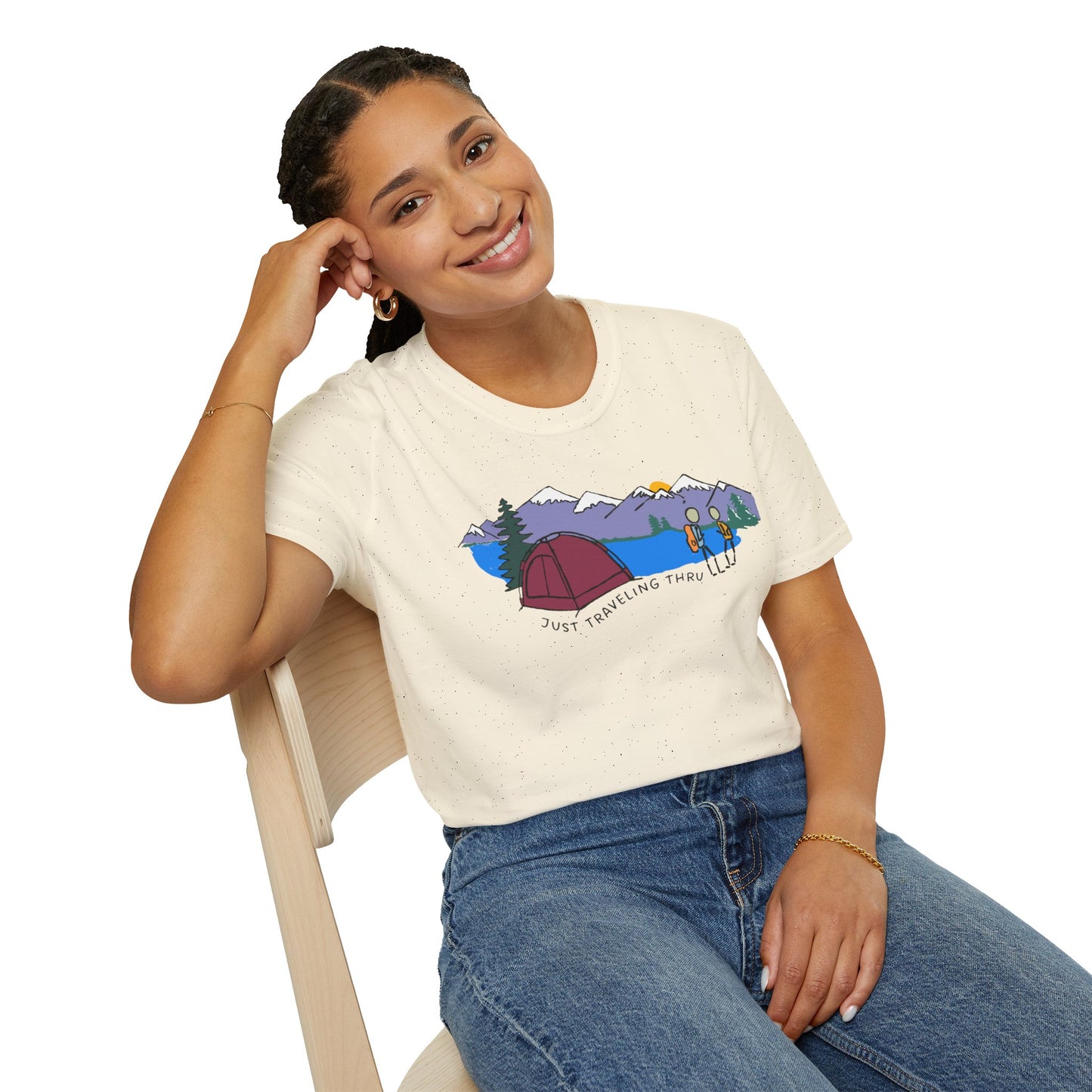 ποΈπ« "Camping Adventure Awaits: Just Traveling Thru Mountain Escape Softstyle Tee" πποΈ