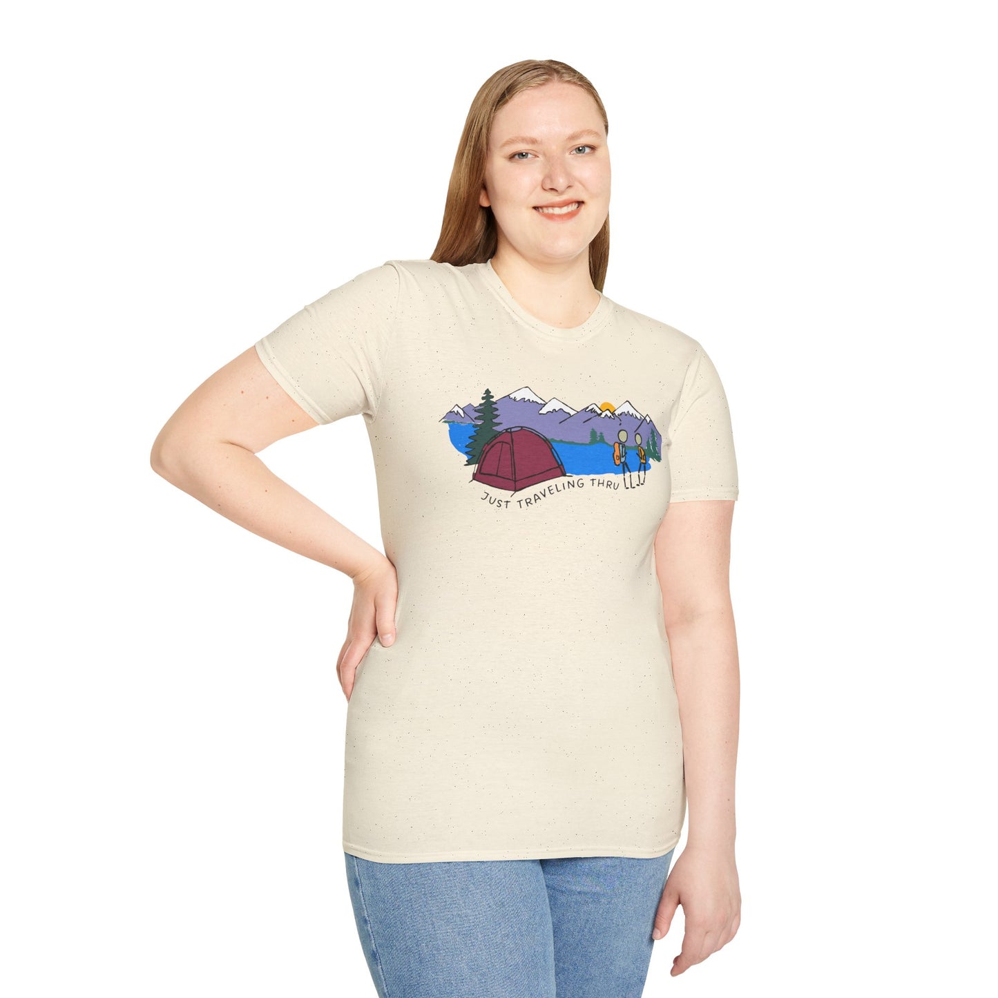 ποΈπ« "Camping Adventure Awaits: Just Traveling Thru Mountain Escape Softstyle Tee" πποΈ