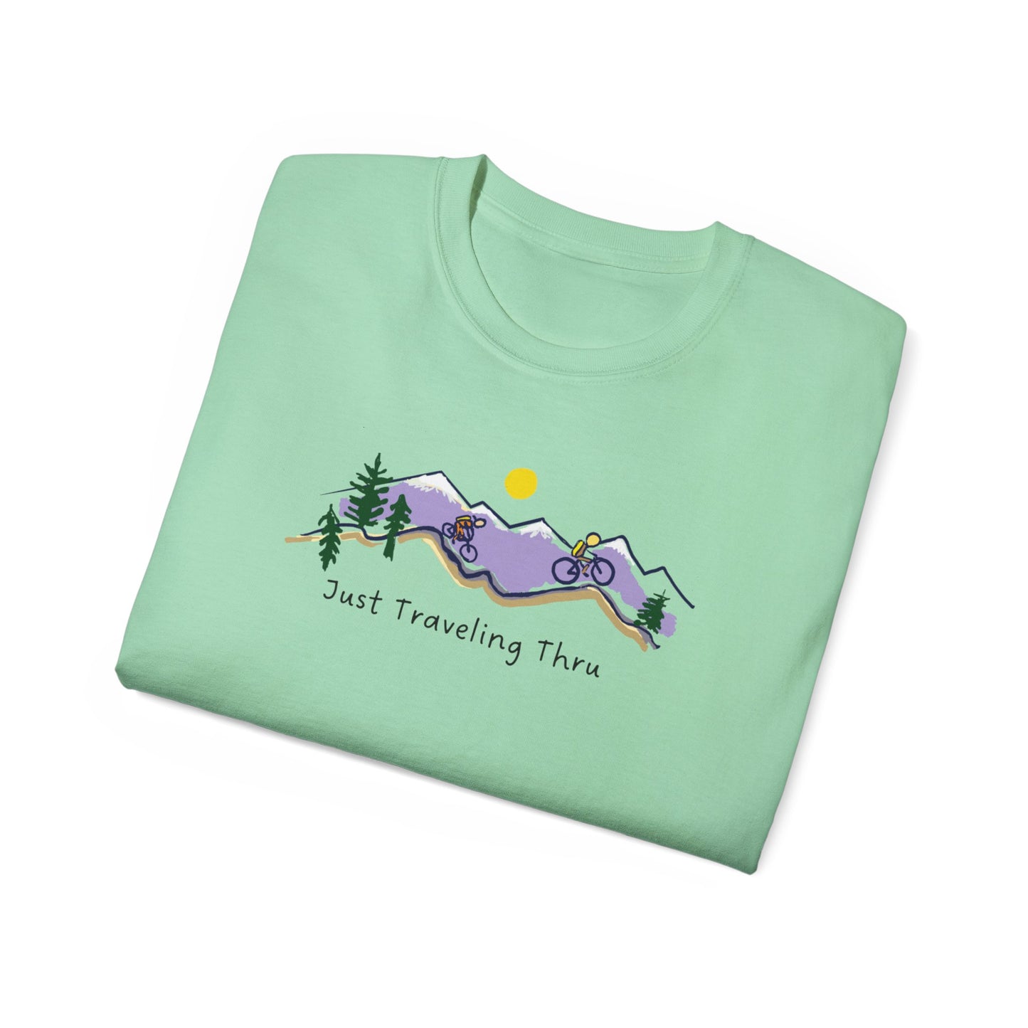 π΅ββοΈπ΅ββοΈ "Mountain Biking Bliss: Just Traveling Thru Adventure Tee" π²βοΈ