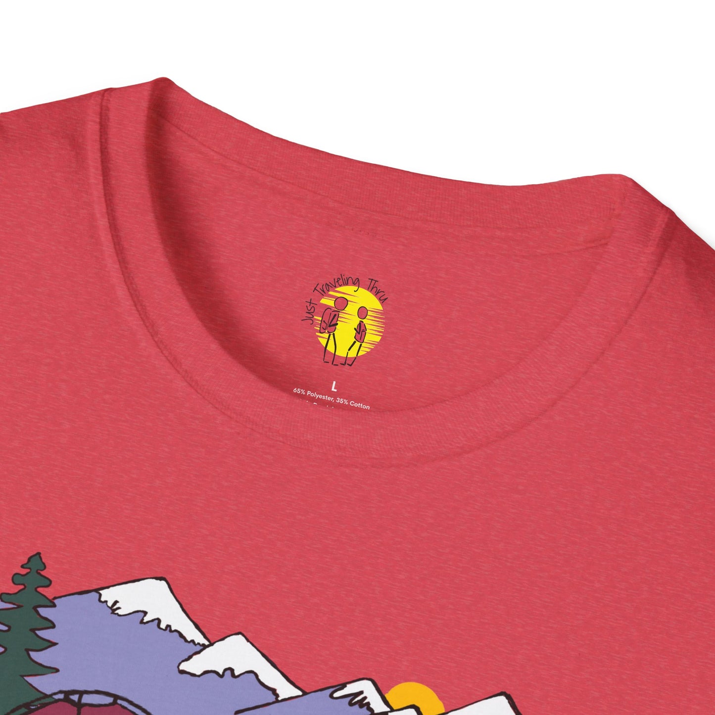 ποΈπ« "Camping Adventure Awaits: Just Traveling Thru Mountain Escape Softstyle Tee" πποΈ