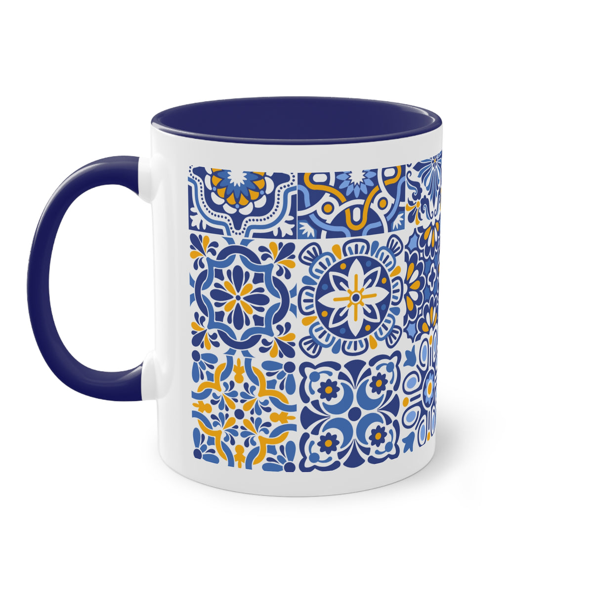 Blue Tile Pattern Coffee Mug — "Savor Each Moment" Two-Tone 11oz Ceramic