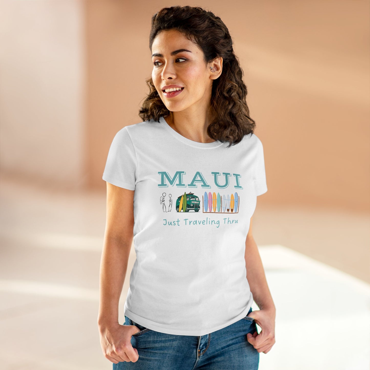 🌺🚐 "Maui Adventure Awaits: Just Traveling Thru Women's Hawaii Tee with Surf Van" 🏄‍♀️🌊