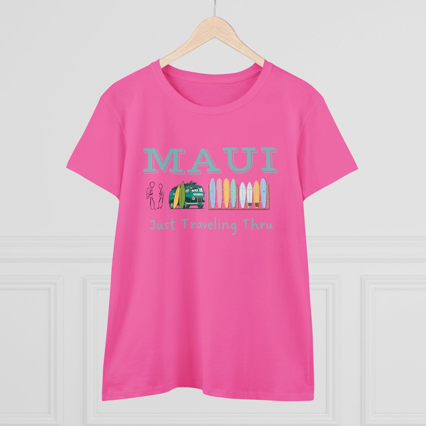 🌺🚐 "Maui Adventure Awaits: Just Traveling Thru Women's Hawaii Tee with Surf Van" 🏄‍♀️🌊