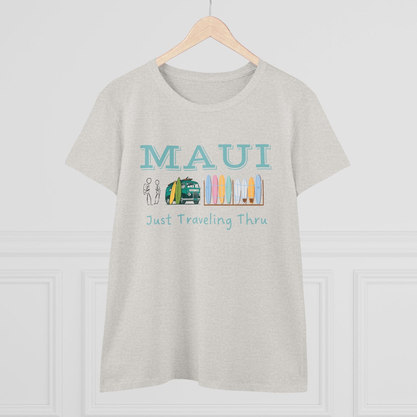 🌺🚐 "Maui Adventure Awaits: Just Traveling Thru Women's Hawaii Tee with Surf Van" 🏄‍♀️🌊