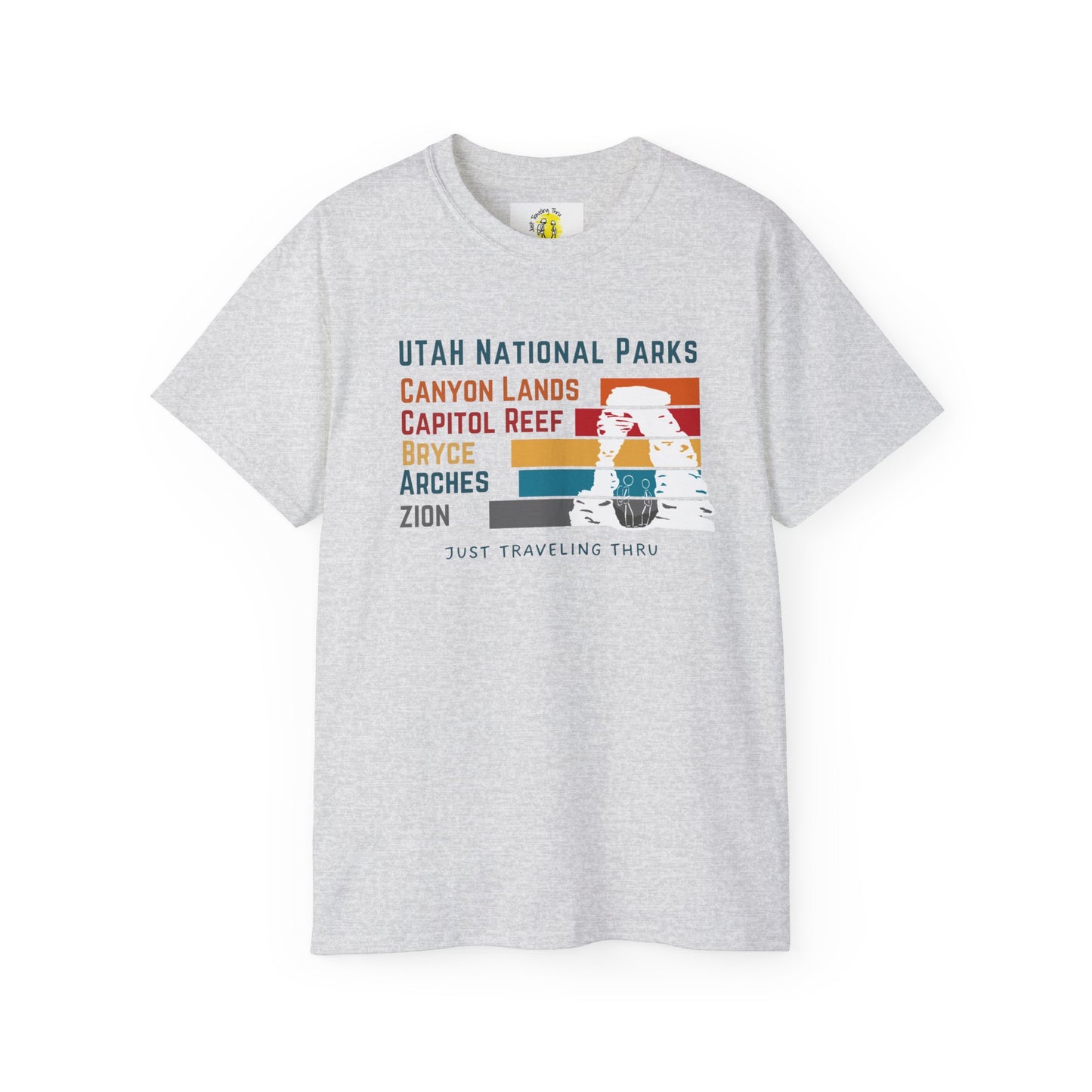 🏞️🏜️ "Utah National Parks Adventure Tee: Arches, Zion, Canyonlands, Bryce Canyon, Capitol Reef - Just Traveling Thru" 🚗✈️