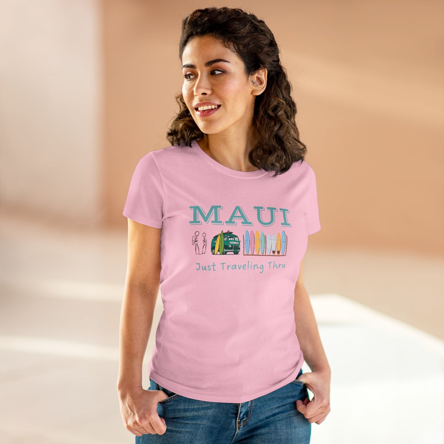 🌺🚐 "Maui Adventure Awaits: Just Traveling Thru Women's Hawaii Tee with Surf Van" 🏄‍♀️🌊