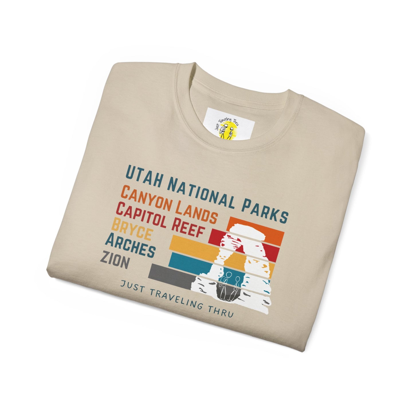 🏞️🏜️ "Utah National Parks Adventure Tee: Arches, Zion, Canyonlands, Bryce Canyon, Capitol Reef - Just Traveling Thru" 🚗✈️