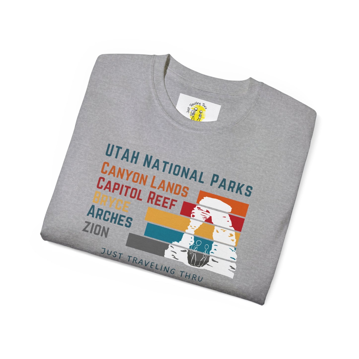 🏞️🏜️ "Utah National Parks Adventure Tee: Arches, Zion, Canyonlands, Bryce Canyon, Capitol Reef - Just Traveling Thru" 🚗✈️