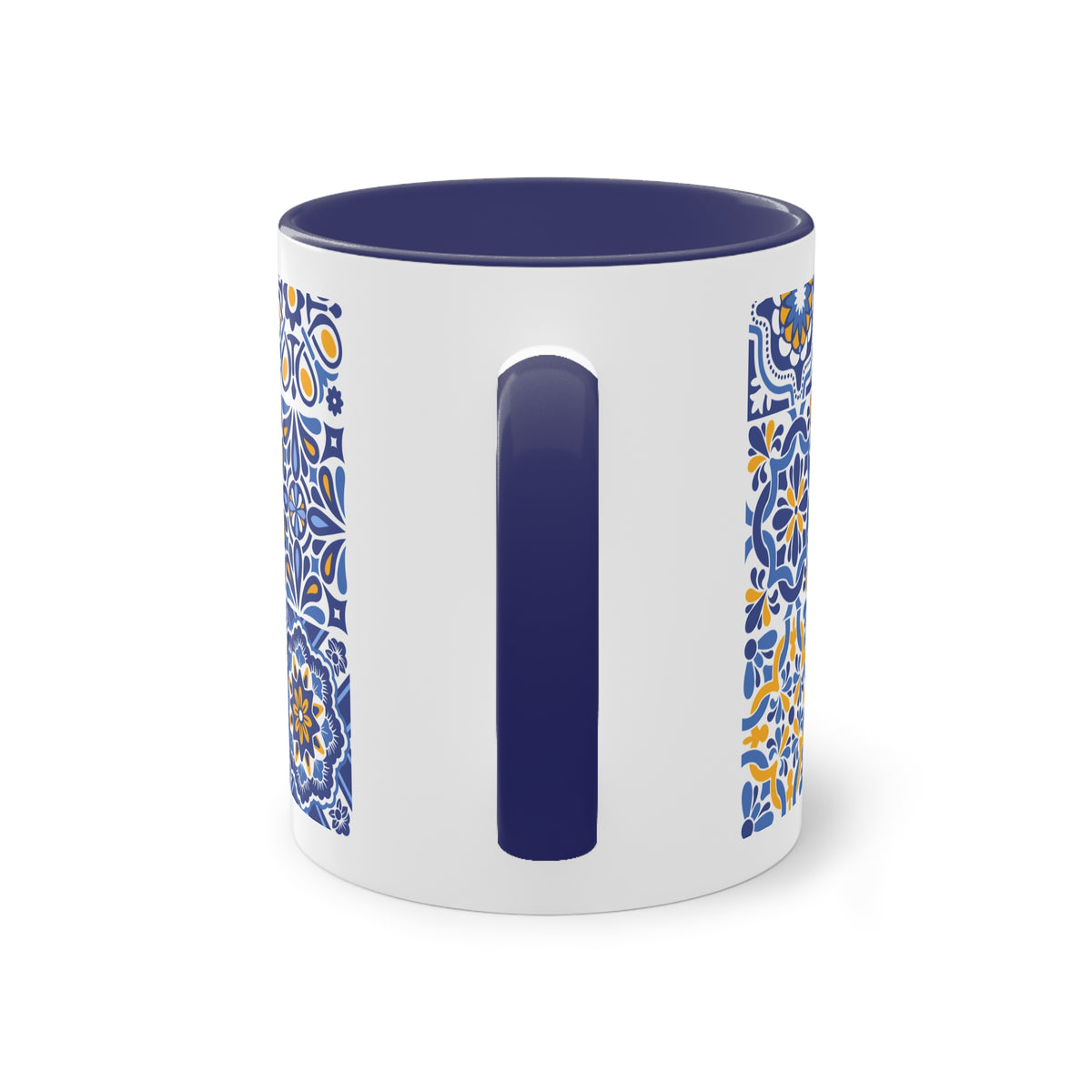 Blue Tile Pattern Coffee Mug — "Savor Each Moment" Two-Tone 11oz Ceramic