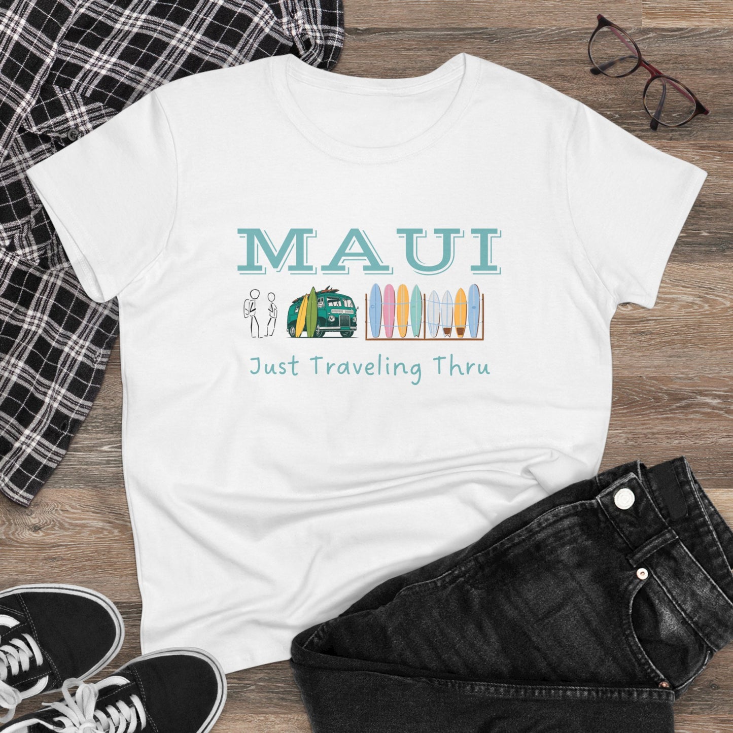 🌺🚐 "Maui Adventure Awaits: Just Traveling Thru Women's Hawaii Tee with Surf Van" 🏄‍♀️🌊