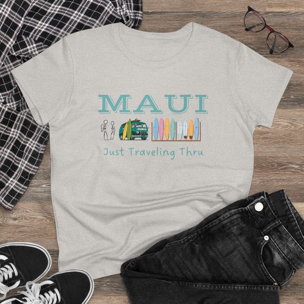 🌺🚐 "Maui Adventure Awaits: Just Traveling Thru Women's Hawaii Tee with Surf Van" 🏄‍♀️🌊