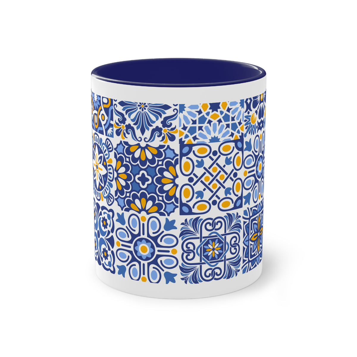Blue Tile Pattern Coffee Mug — "Savor Each Moment" Two-Tone 11oz Ceramic