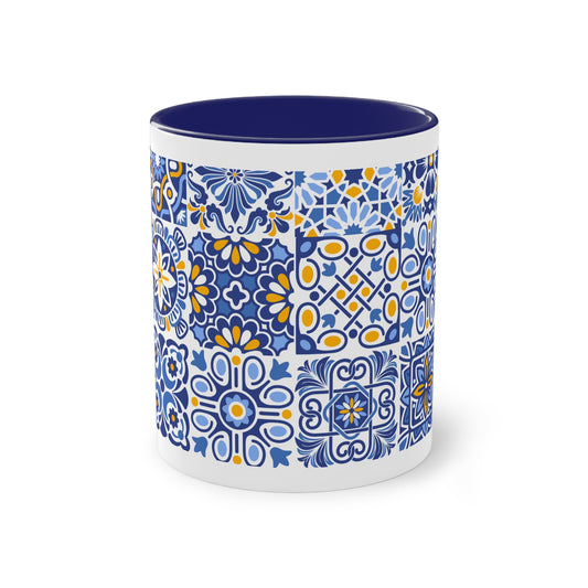 Blue Tile Pattern Coffee Mug — "Savor Each Moment" Two-Tone 11oz Ceramic