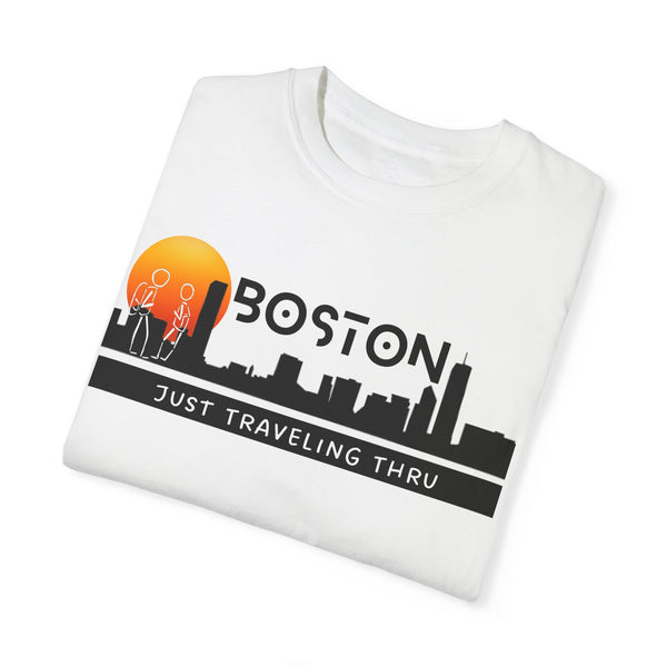 🌇👬 "Boston Sunset Skyline: Just Traveling Thru Urban Adventure Tee" 🏙️👕