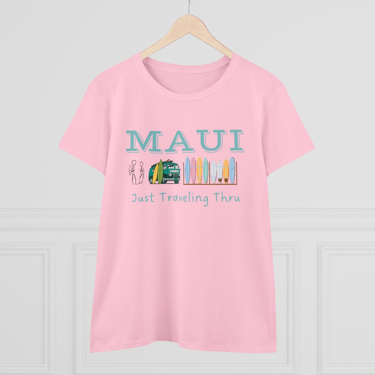 🌺🚐 "Maui Adventure Awaits: Just Traveling Thru Women's Hawaii Tee with Surf Van" 🏄‍♀️🌊