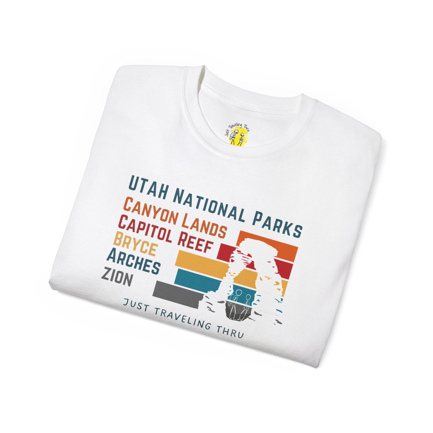 🏞️🏜️ "Utah National Parks Adventure Tee: Arches, Zion, Canyonlands, Bryce Canyon, Capitol Reef - Just Traveling Thru" 🚗✈️