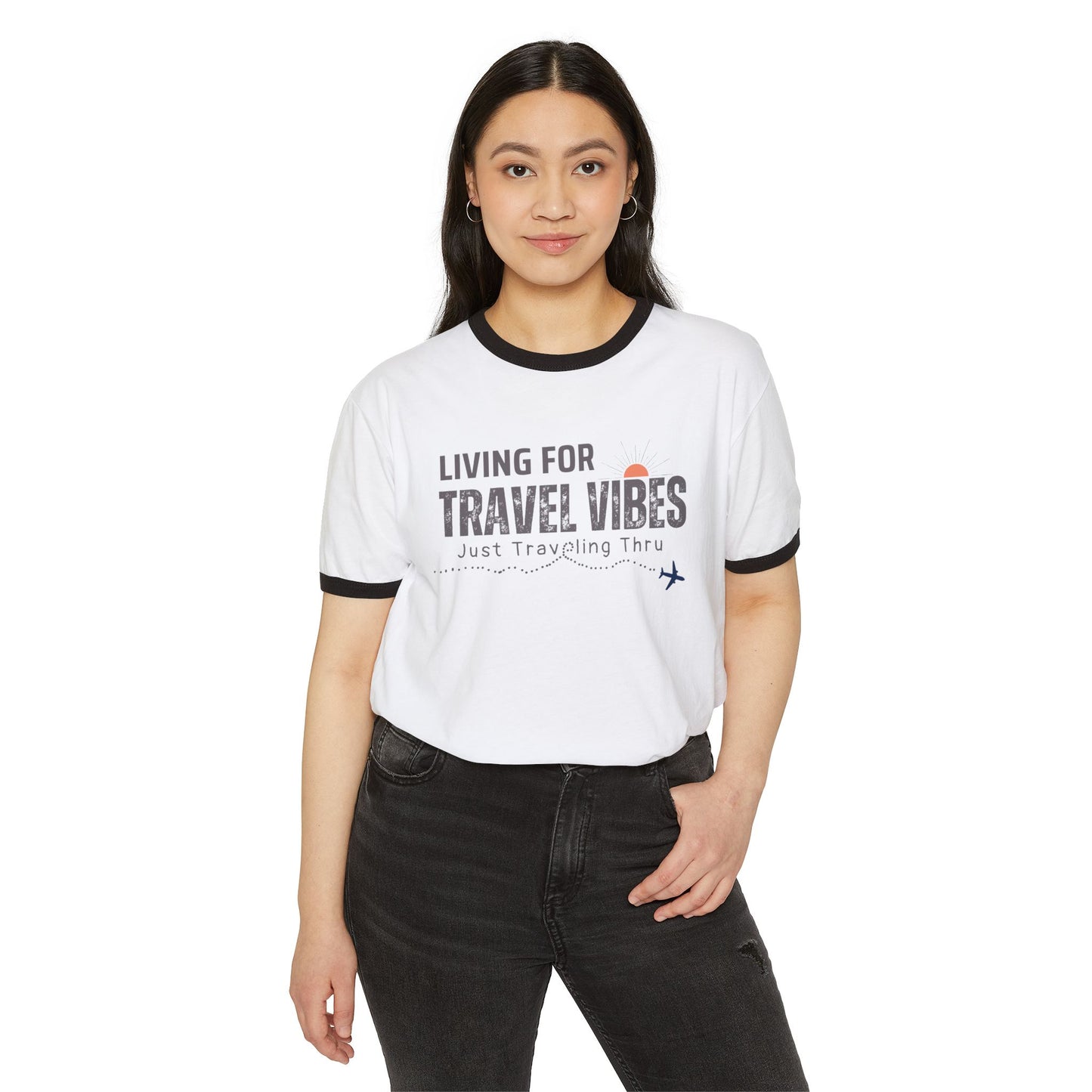 Living for Travel Vibes Unisex Ringer T-Shirt | Just Traveling Thru