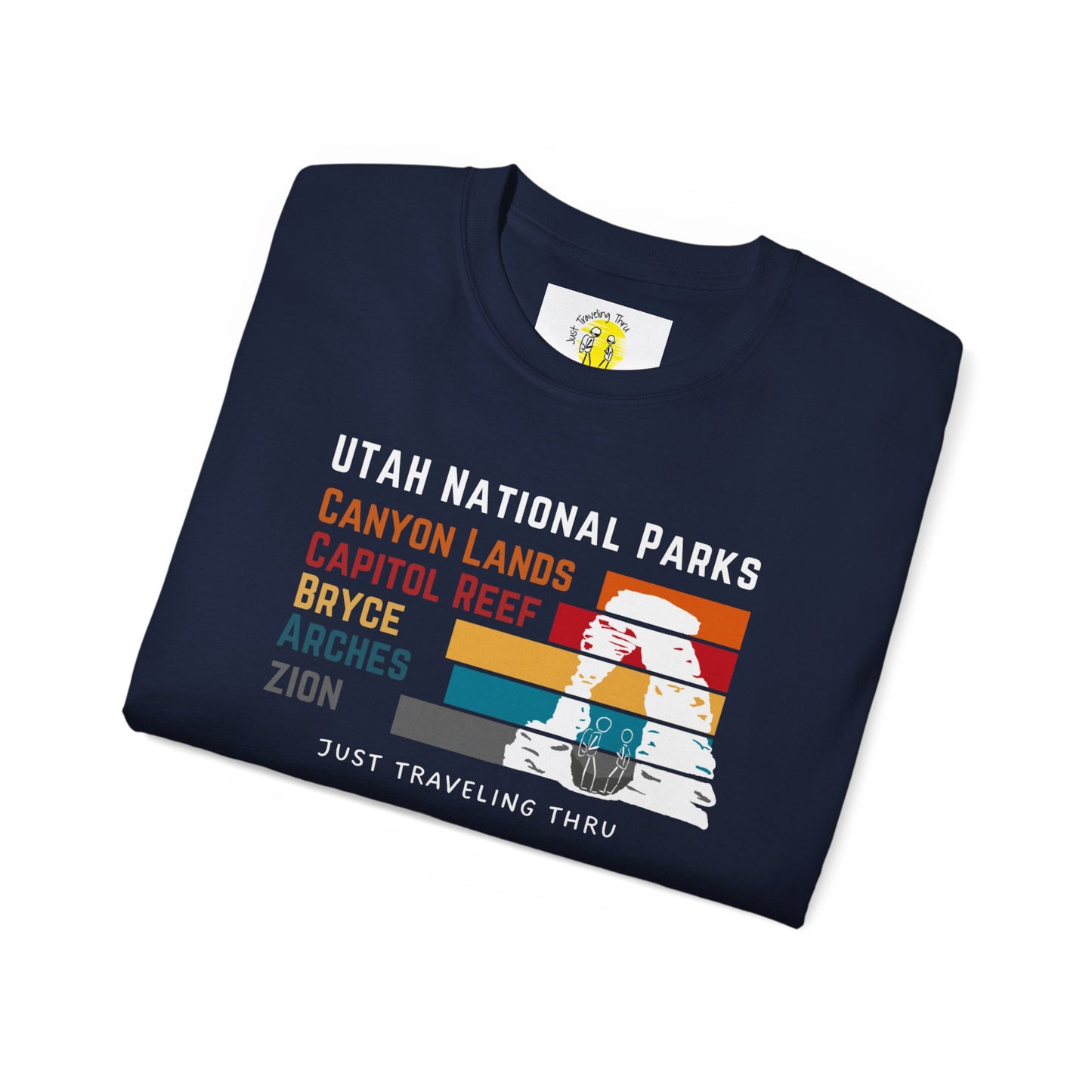 🏞️🏜️ "Utah National Parks Adventure Tee: Arches, Zion, Canyonlands, Bryce Canyon, Capitol Reef - Just Traveling Thru" 🚗✈️