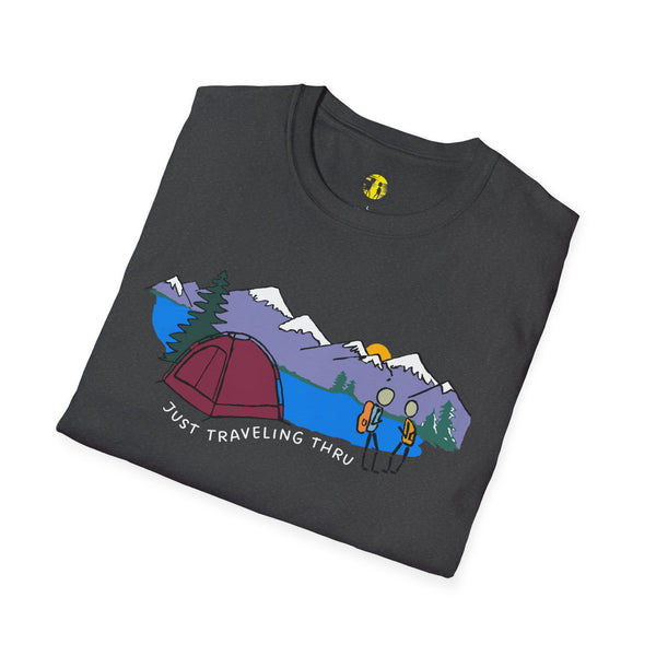 🏕️👫 "Camping Adventure Awaits: Just Traveling Thru Mountain Escape Softstyle Tee" 🌄🏞️