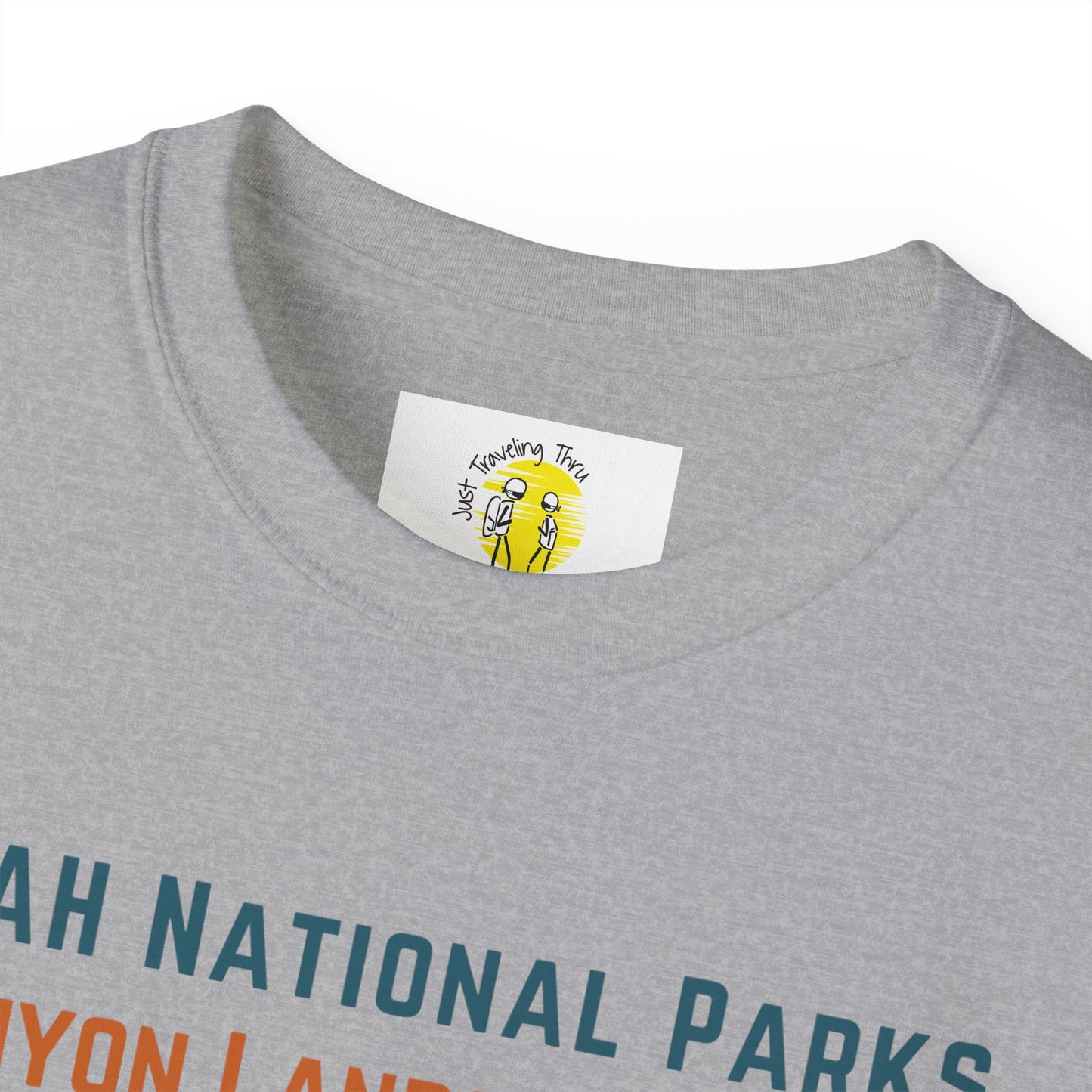 🏞️🏜️ "Utah National Parks Adventure Tee: Arches, Zion, Canyonlands, Bryce Canyon, Capitol Reef - Just Traveling Thru" 🚗✈️