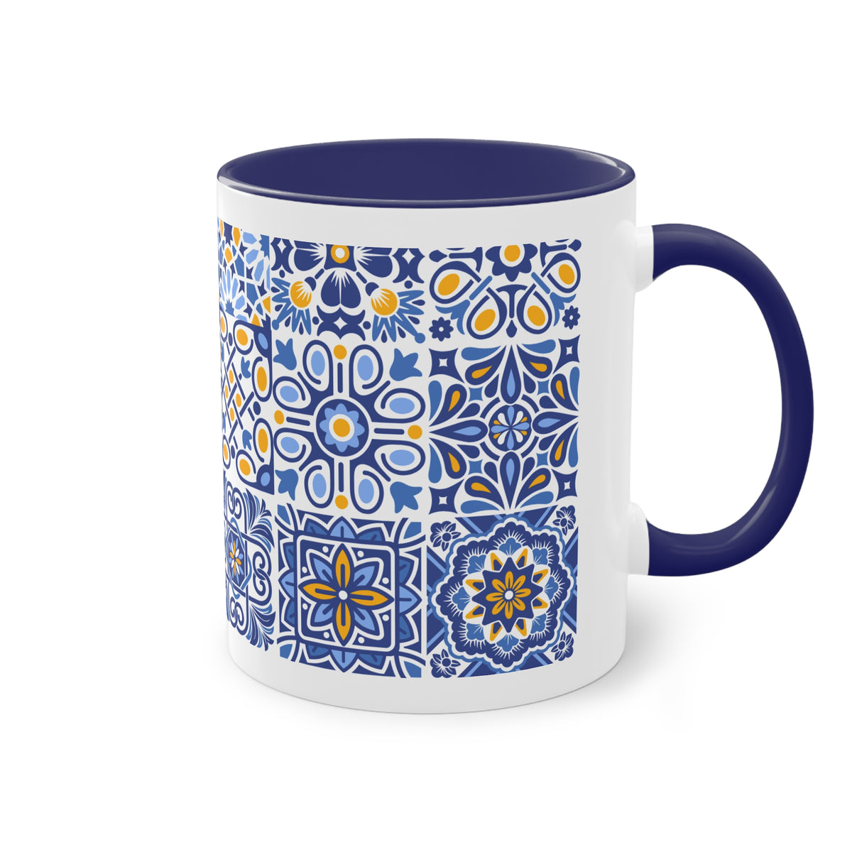 Blue Tile Pattern Coffee Mug — "Savor Each Moment" Two-Tone 11oz Ceramic