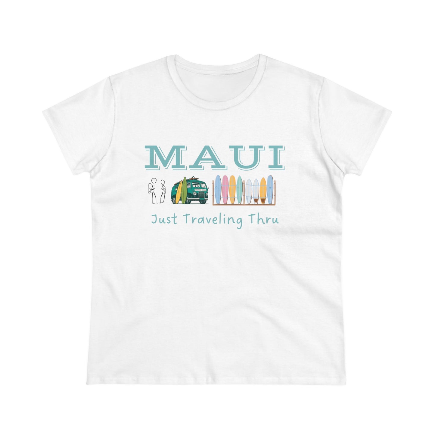 🌺🚐 "Maui Adventure Awaits: Just Traveling Thru Women's Hawaii Tee with Surf Van" 🏄‍♀️🌊