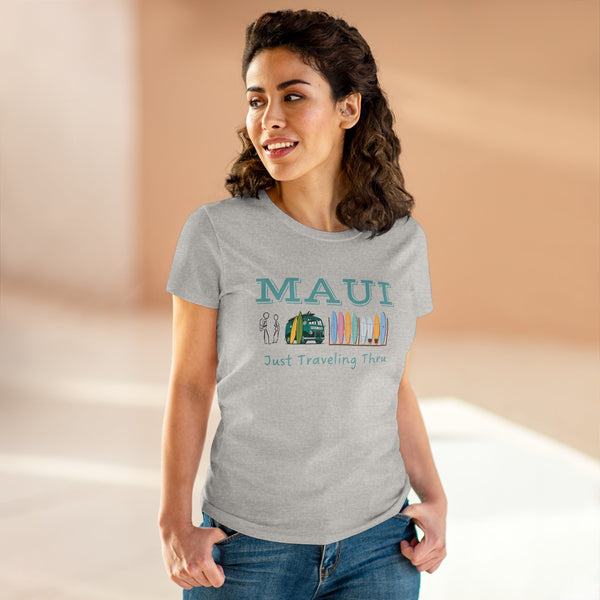 🌺🚐 "Maui Adventure Awaits: Just Traveling Thru Women's Hawaii Tee with Surf Van" 🏄‍♀️🌊