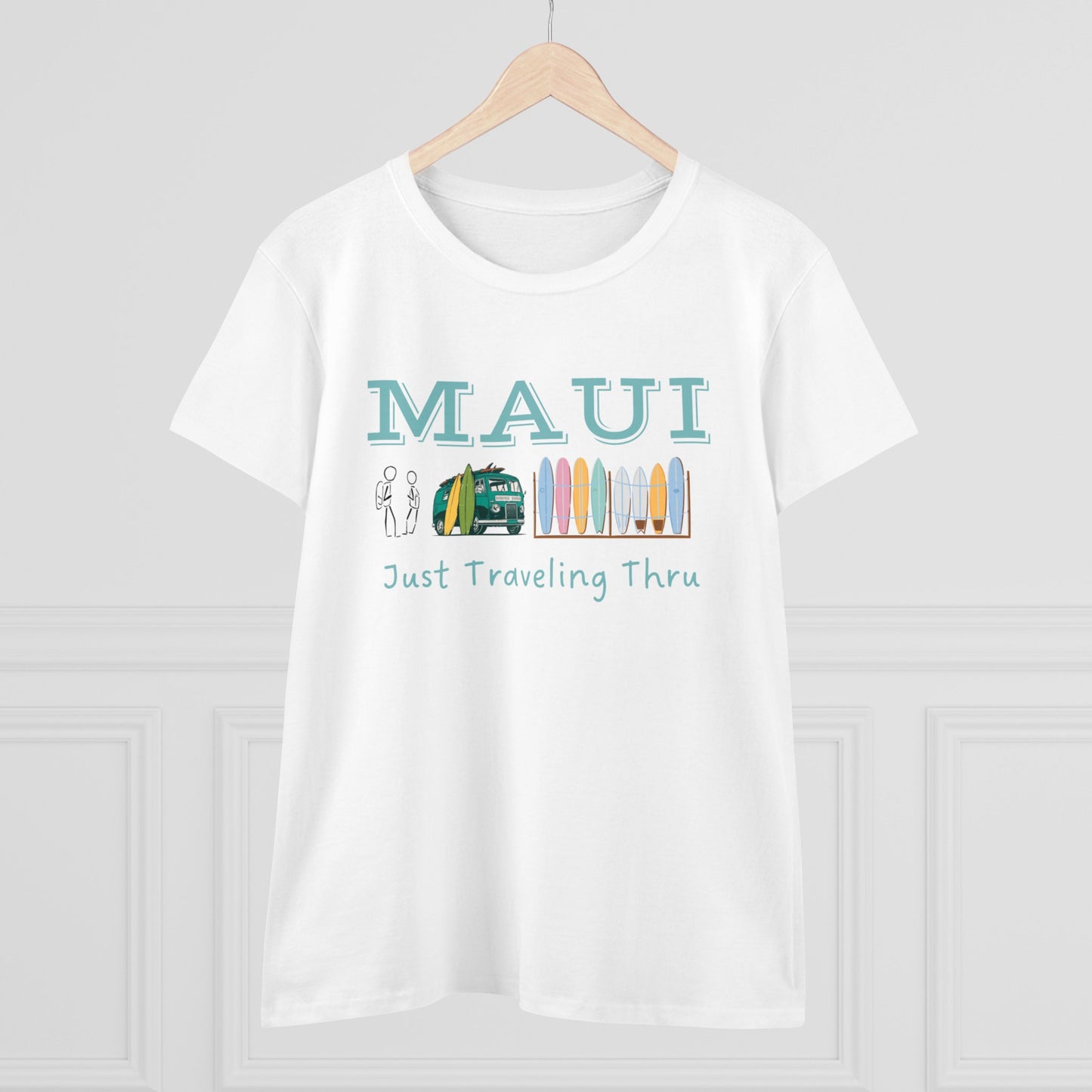 🌺🚐 "Maui Adventure Awaits: Just Traveling Thru Women's Hawaii Tee with Surf Van" 🏄‍♀️🌊