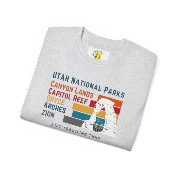 🏞️🏜️ "Utah National Parks Adventure Tee: Arches, Zion, Canyonlands, Bryce Canyon, Capitol Reef - Just Traveling Thru" 🚗✈️