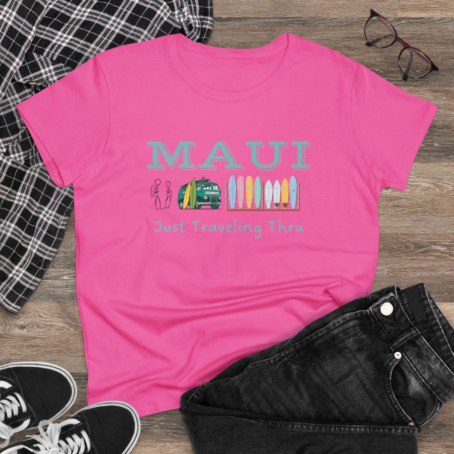 🌺🚐 "Maui Adventure Awaits: Just Traveling Thru Women's Hawaii Tee with Surf Van" 🏄‍♀️🌊