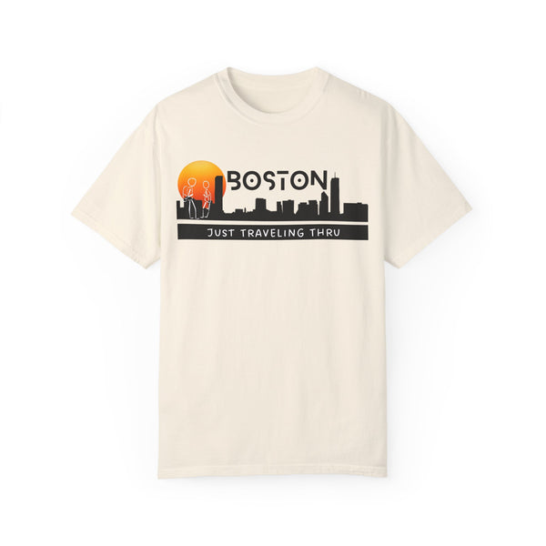 🌇👬 "Boston Sunset Skyline: Just Traveling Thru Urban Adventure Tee" 🏙️👕