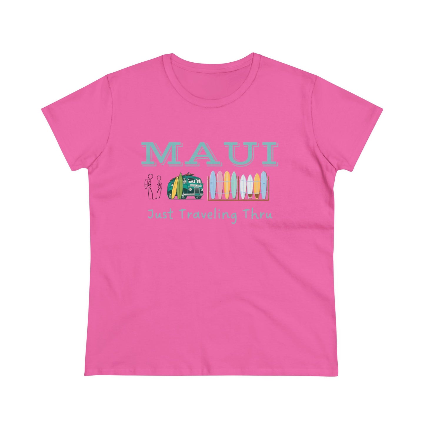 🌺🚐 "Maui Adventure Awaits: Just Traveling Thru Women's Hawaii Tee with Surf Van" 🏄‍♀️🌊