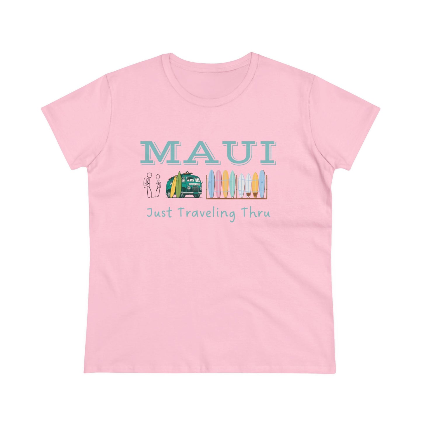 🌺🚐 "Maui Adventure Awaits: Just Traveling Thru Women's Hawaii Tee with Surf Van" 🏄‍♀️🌊