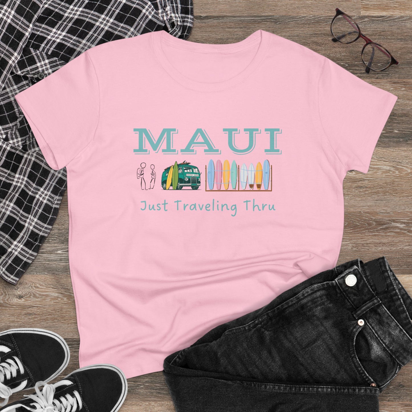 🌺🚐 "Maui Adventure Awaits: Just Traveling Thru Women's Hawaii Tee with Surf Van" 🏄‍♀️🌊