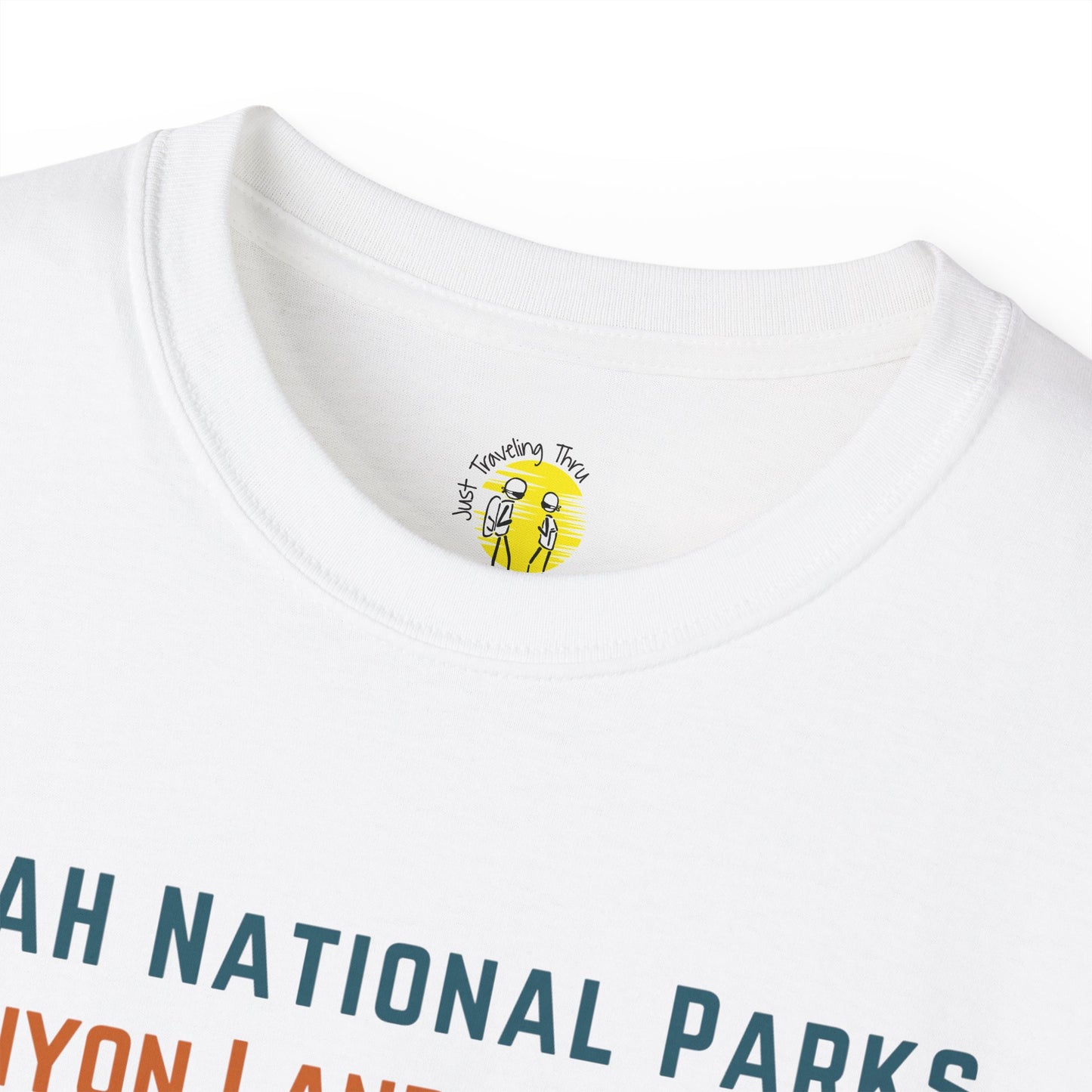 🏞️🏜️ "Utah National Parks Adventure Tee: Arches, Zion, Canyonlands, Bryce Canyon, Capitol Reef - Just Traveling Thru" 🚗✈️