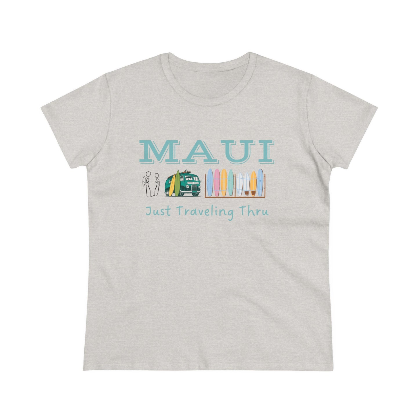 🌺🚐 "Maui Adventure Awaits: Just Traveling Thru Women's Hawaii Tee with Surf Van" 🏄‍♀️🌊