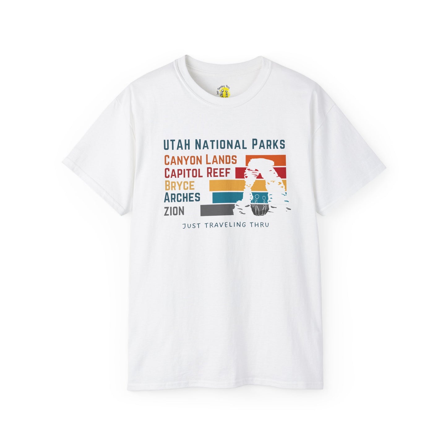 🏞️🏜️ "Utah National Parks Adventure Tee: Arches, Zion, Canyonlands, Bryce Canyon, Capitol Reef - Just Traveling Thru" 🚗✈️